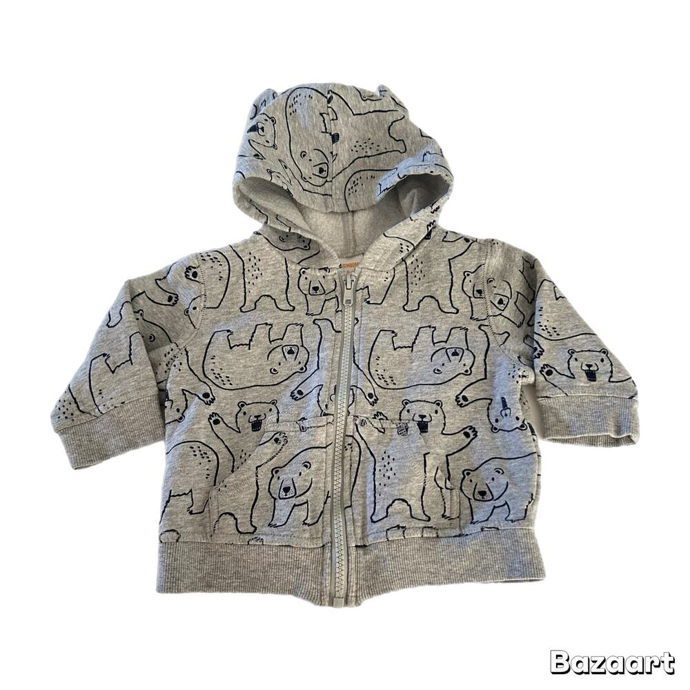Gymboree Bear Print Zip Up Hooded Jacket 6-12M Grey Navy